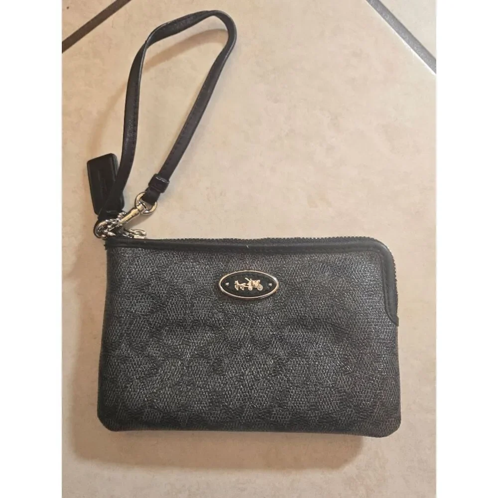 Coach Black Pattern Signature Leather Wristlet with Leather Strap NEW